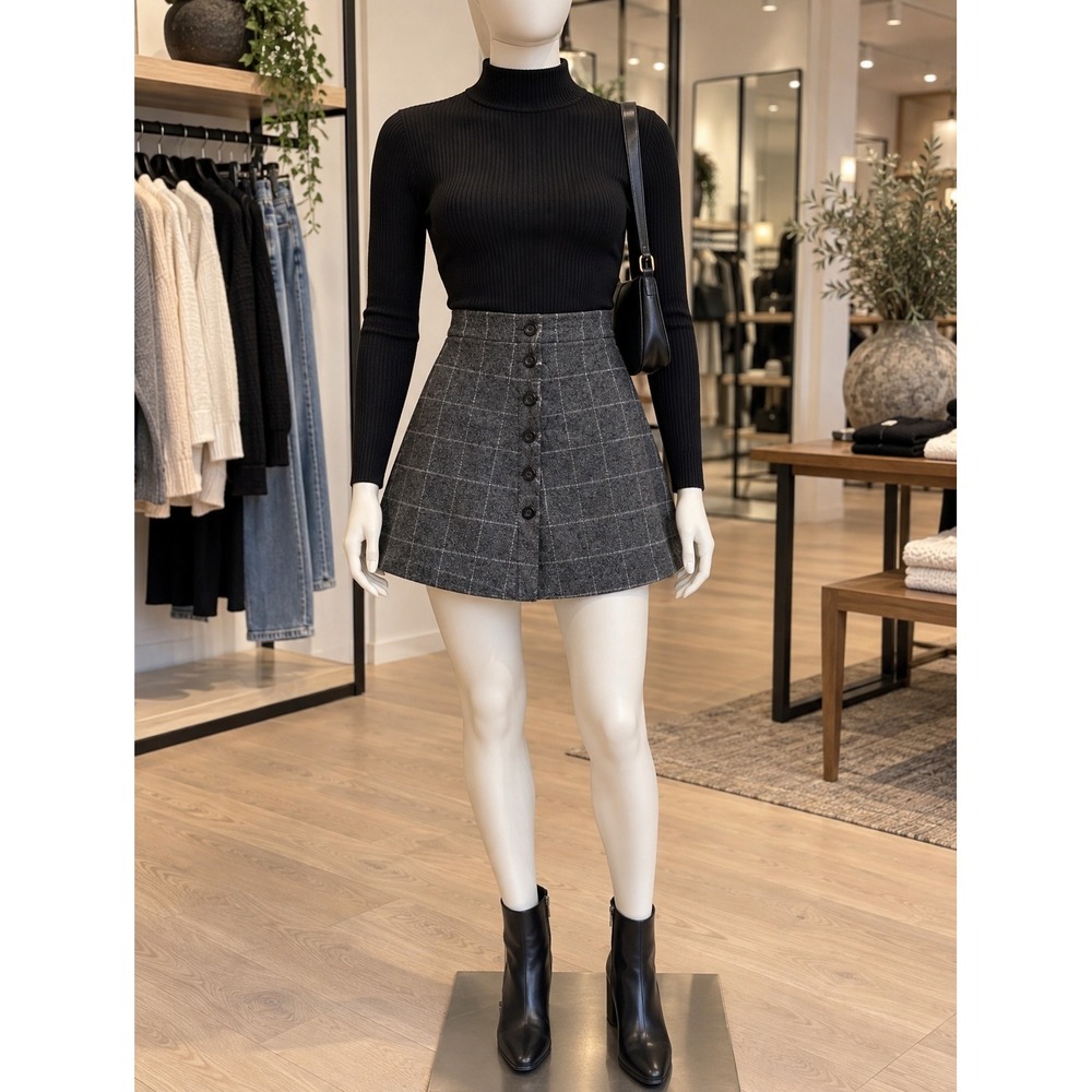 Gray Plaid Button Front Mini Skirt XS Dark Academia Y2K Preppy